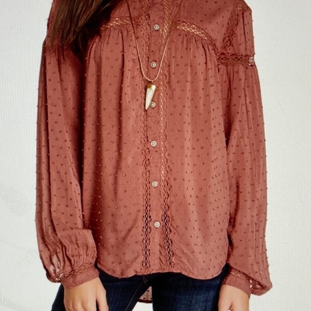 Free People Top Everyday Girl Swiss Dot Button Down Blouse L
